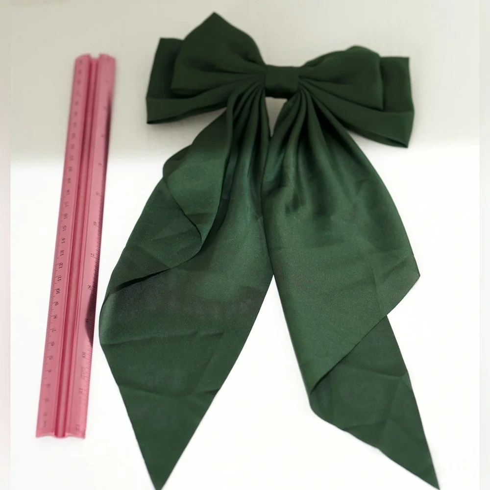 Elegant Dark‎ Green Satin Bow Barrette Hair Accessory